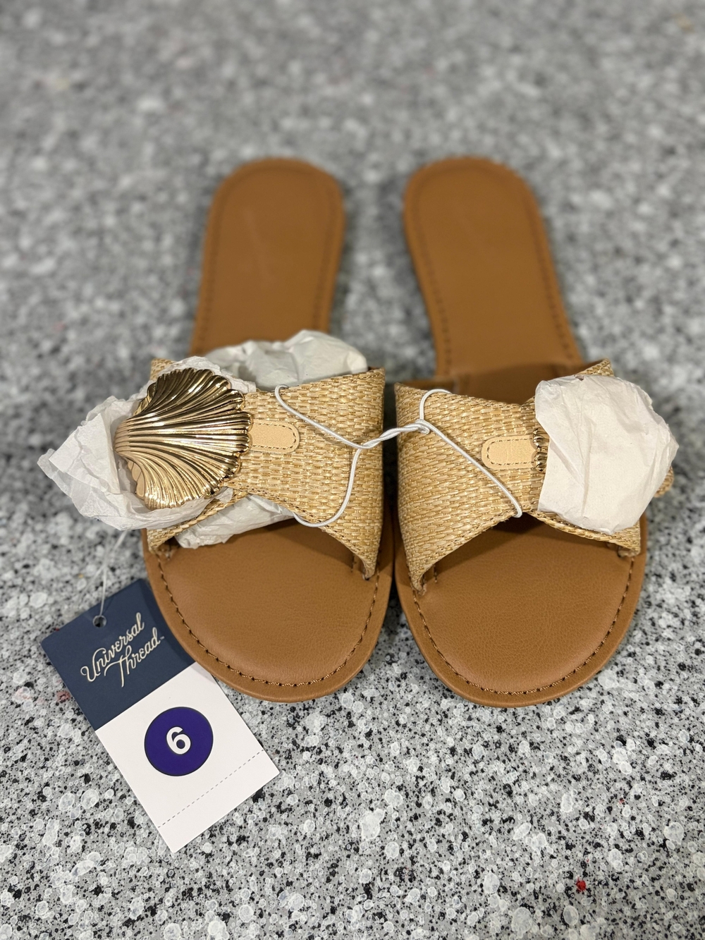 Universal Thread Tan Woven Slide Sandals with Gold Shell Detail